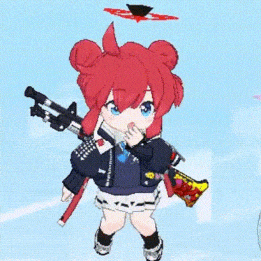 a girl with red hair and blue eyes is holding a gun and a skateboard .