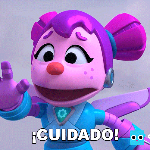 a cartoon character with purple hair and blue arms says cuidado