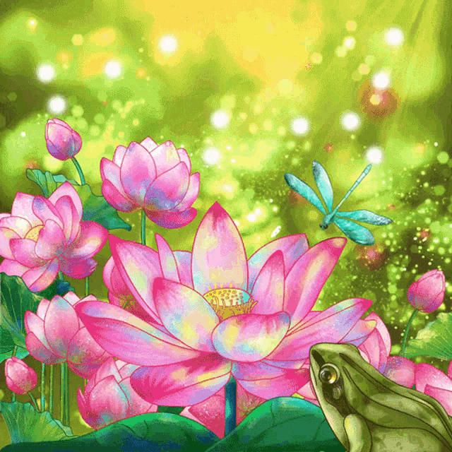 a frog sits on a leaf in front of a lotus flower