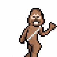 a pixel art of chewbacca from star wars is standing in front of a white background .