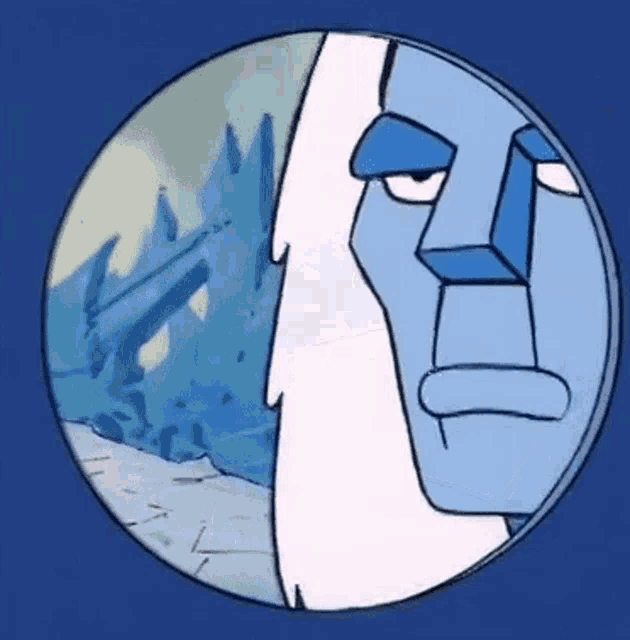 a cartoon drawing of a blue and white face in a circle on a blue background