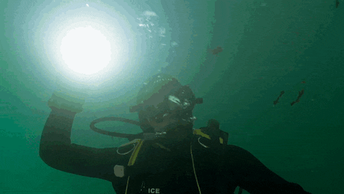 a scuba diver with the word ice written on his shirt