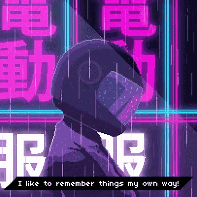 a pixel art of a person wearing headphones and a helmet with the words i like to remember things my own way