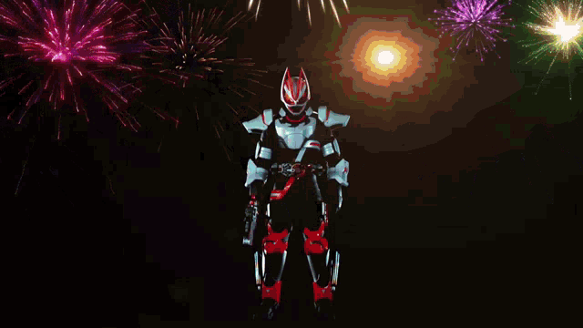a fireworks display with a robot holding a gun with the number 10 on it