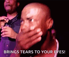 a bald man is covering his mouth with his hand and the words `` brings tears to your eyes '' are written below him .
