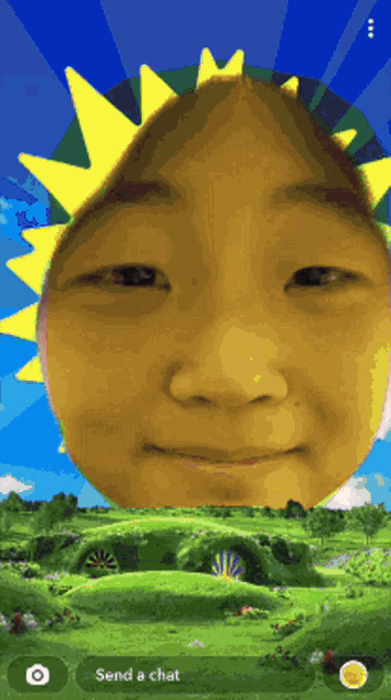 a picture of a child 's face with the words send a chat below