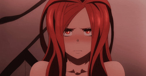 a girl with red hair and red eyes is making a sad face