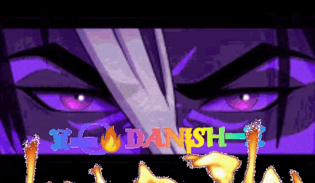 a cartoon character with purple eyes and the word danish on it