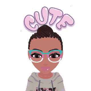 a cartoon of a girl with glasses and the word cute above her head .