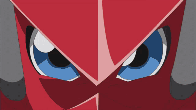 a close up of a red and blue cartoon character 's eyes