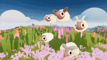 a group of sheep are standing in a field of flowers