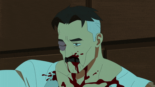 a cartoon of a man with blood coming out of his nose and the words " i miss temp " below him