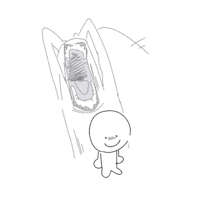 a drawing of a person standing next to a monster with its mouth open and a huge mouth .