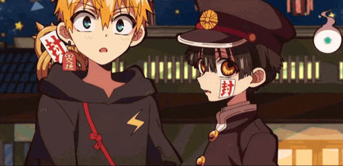 two anime characters standing next to each other with one wearing a hoodie with a lightning bolt on the front