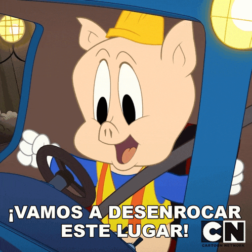 a cartoon pig is driving a blue truck with the words vamos a desenrocar este lugar cn