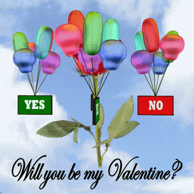 a card that says will you be my valentine with balloons and a rose