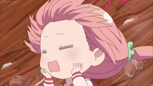 a girl with pink hair is making a funny face with her mouth open