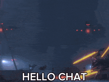 a video game character says hello chat in a dark background