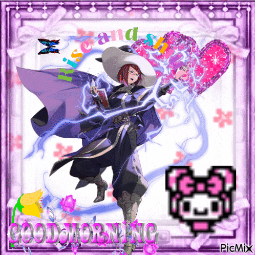 a picture of a witch with hearts and the words good morning on the bottom