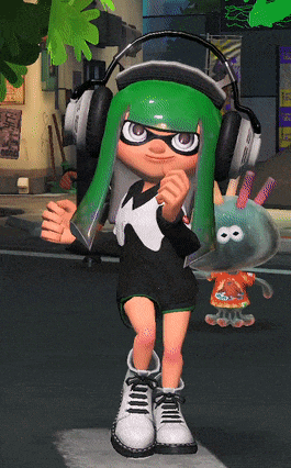 a cartoon character with green hair and headphones on