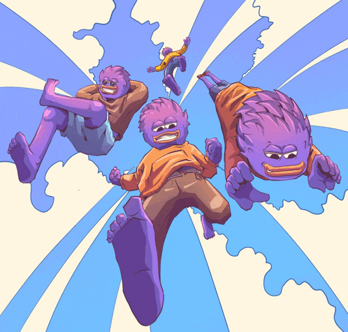 a cartoon drawing of a person with a purple face flying through the air