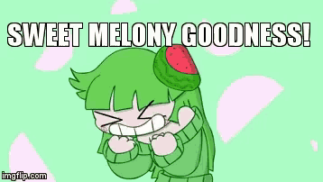 a girl with green hair and a watermelon on her head is crying .