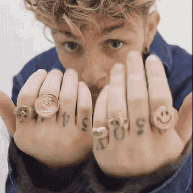 a man with a tattoo on his finger that says ' ts ' on it