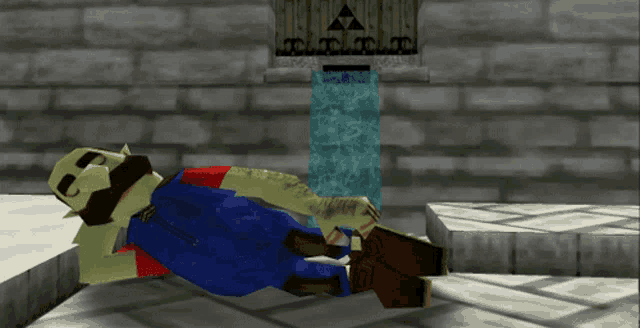 a cartoon character is laying on the ground in front of a waterfall