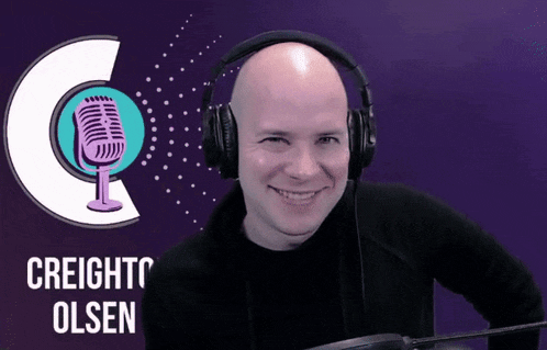 a man wearing headphones is smiling in front of a logo that says creight olsen