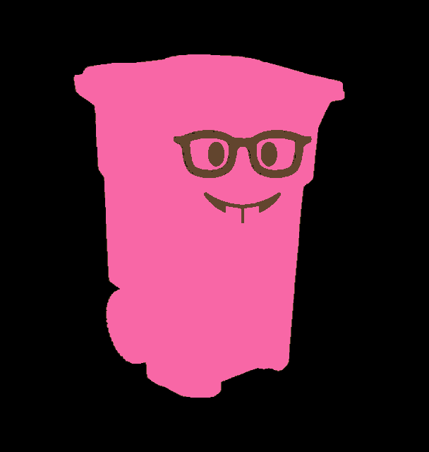 a pink trash can with glasses and a smile on it