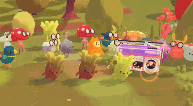a group of cartoon characters are gathered around a boombox that says ' nintendo ' on the front