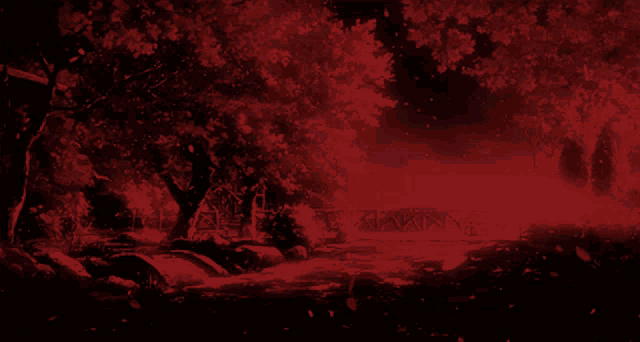 a red background with trees and a bridge in the foreground