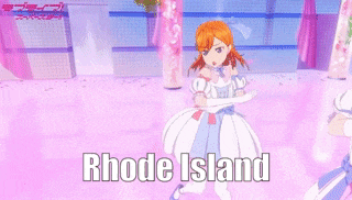 two anime girls are dancing on a stage with the words rhode island written on the bottom
