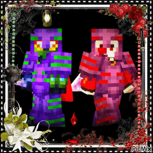 a picture of two minecraft characters in a frame with picmix written in the corner