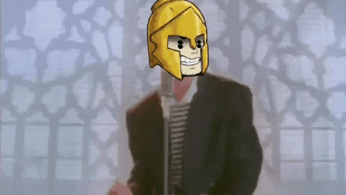 a man in a suit and tie with a yellow helmet on