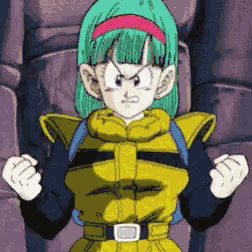 a cartoon girl with green hair and a yellow jacket is making a funny face