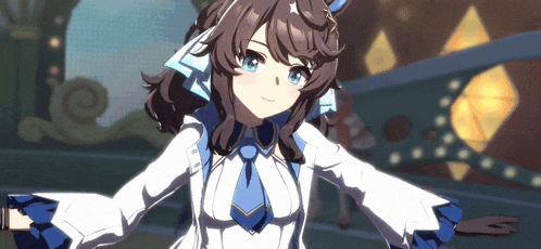 a girl with brown hair and blue eyes wearing a white and blue outfit