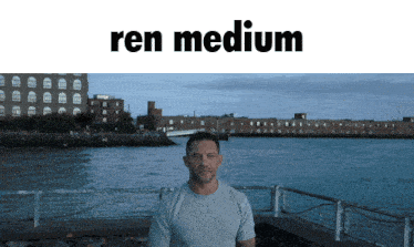 a man stands in front of a body of water with the words " ren medium " on the bottom