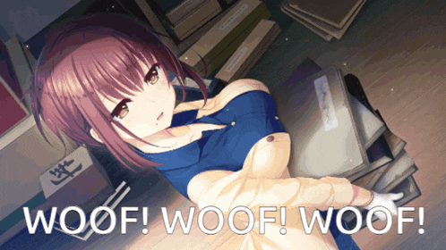 a picture of a girl with the words woof woof woof on it