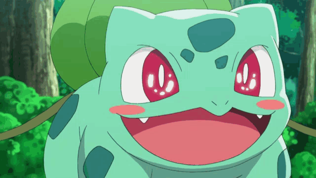 a green cartoon character with red eyes and a green leaf on its back