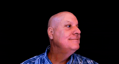 a bald man wearing a blue plaid shirt is smiling and looking to the side .