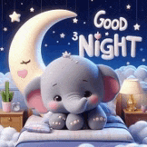 a baby elephant is sitting on a bed with a crescent moon in the background .