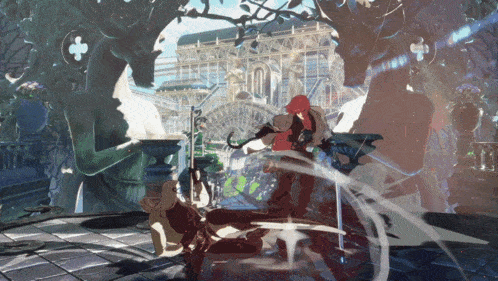 a man with red hair is holding a sword in front of a statue