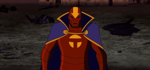 a cartoon character with a purple cape and a yellow arrow on his face