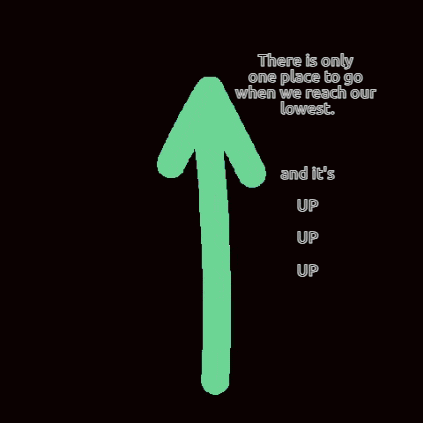 a pink arrow pointing up with the words " there is only one place to go when we reach our lowest and it 's up "