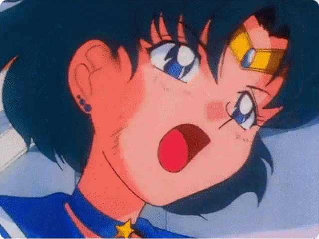 a close up of a cartoon girl with blue hair and a star on her head