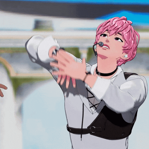 a person with pink hair is wearing a choker