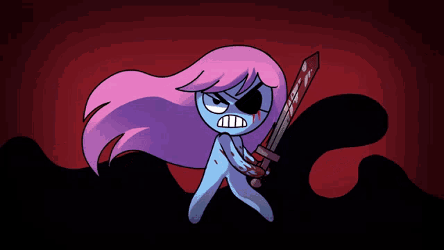 a cartoon character with pink hair and a bloody eye holds a bloody sword