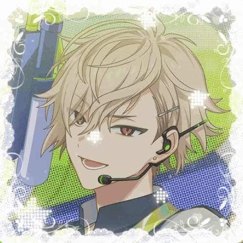 a boy with a microphone in his ear is smiling