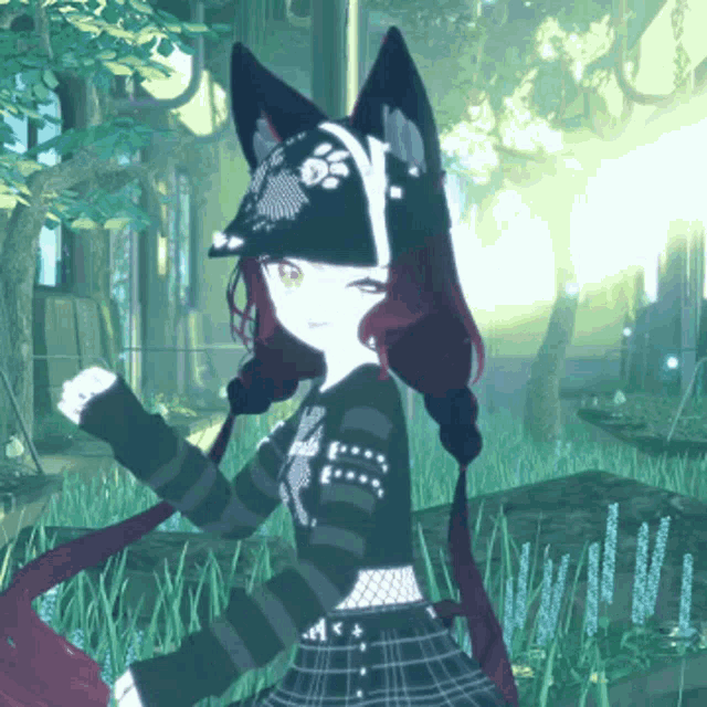 a girl in a plaid skirt is wearing a black and white hat